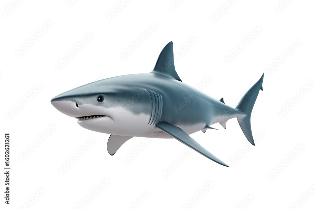 Obraz premium 3D rendered gray shark with white belly and visible teeth swimming in side profile, isolated on a transparent background