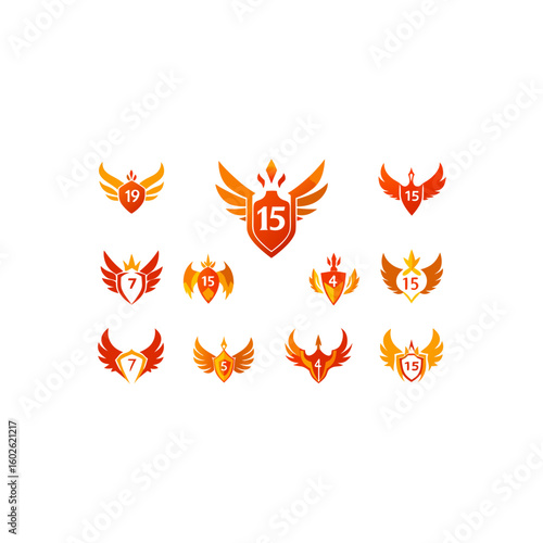 15 different enchanted phoenix crest icons set on 