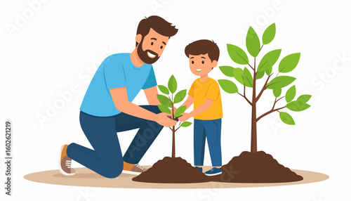 Happy bearded father and young son planting a green sapling together, a family bonding activity.