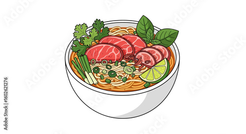 Delicious bowl of Vietnamese pho noodle soup with rare beef, fresh herbs, and lime. Asian cuisine concept illustration.