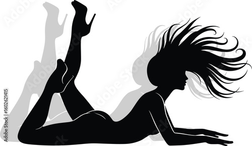 Silhouette of woman in heels, elegant reclining pose, artistic black and white image, flowing hair, fashion shadow art, stylish form