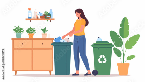 Young woman in casual clothes sorting plastic and paper waste into green recycling bins at home, promoting a sustainable lifestyle.