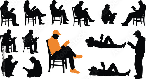 Silhouette readers in motion, sitting, standing, lying down positions, creative black orange artwork, education, leisure, isolated on white background