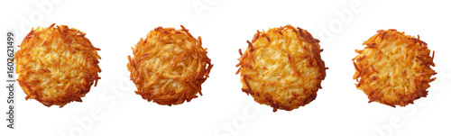 Four hash browns sit on a white background. Food photography, golden potatoes, crispy, delicious, restaurant, homemade, snack, cooking.