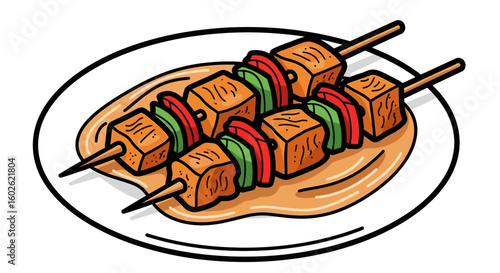 Delicious grilled kebab skewers with meat and vegetables on a plate with sauce. Cartoon vector illustration of a savory barbecue meal.