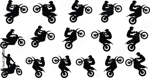 Silhouettes of motorcyclists performing tricks, wheelies and stunts, extreme sports illustration, action riders, adrenaline moments, vector black design art