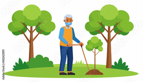 Cheerful elderly man with a white beard planting a tree sapling with a shovel.