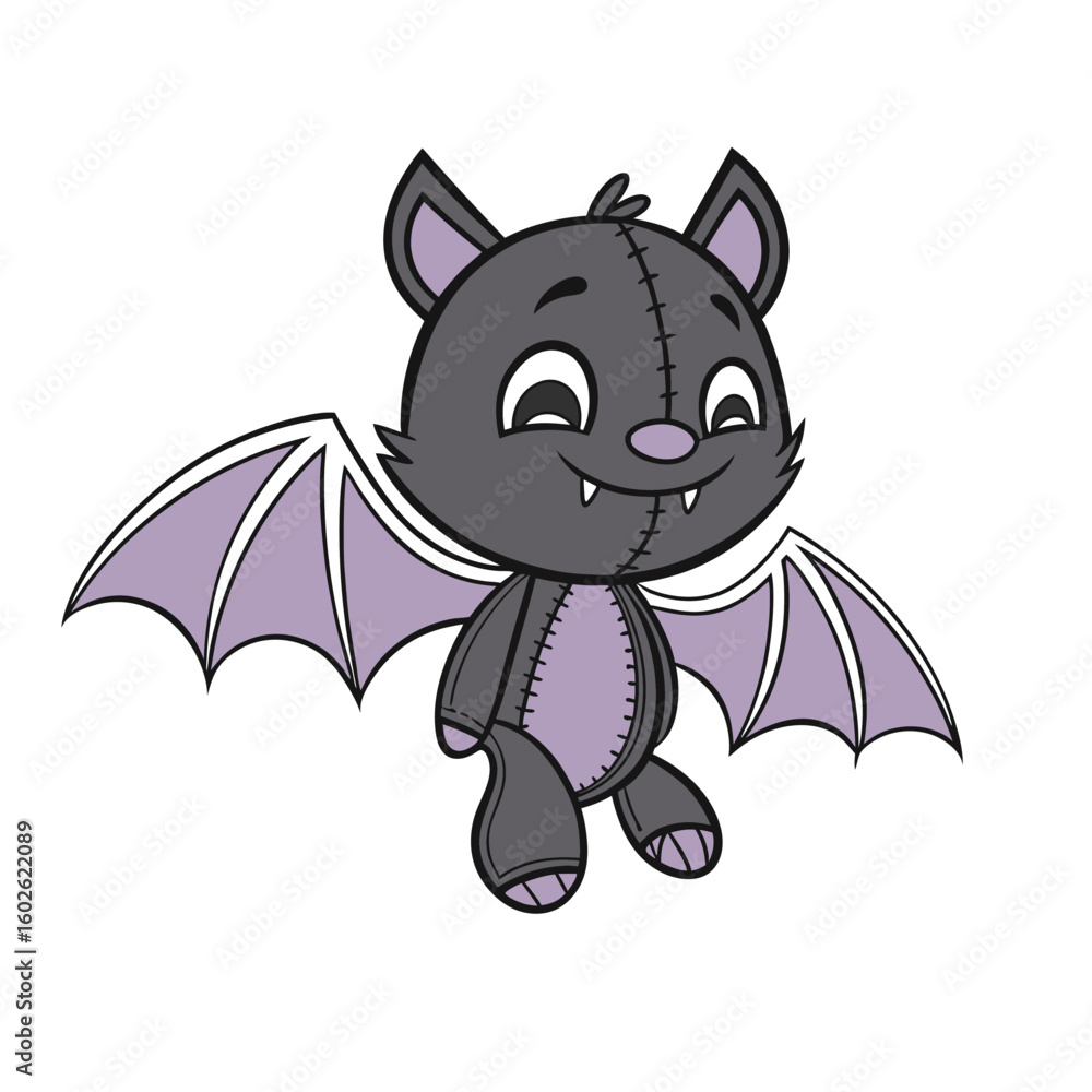 Fototapeta premium Cartoon illustration of a cute bat with wings and a stitched design