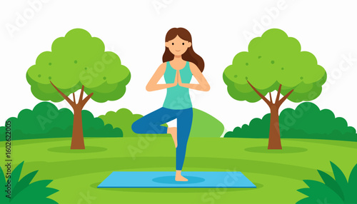 Smiling cartoon woman with brown hair in a balanced yoga tree pose, wearing blue activewear.