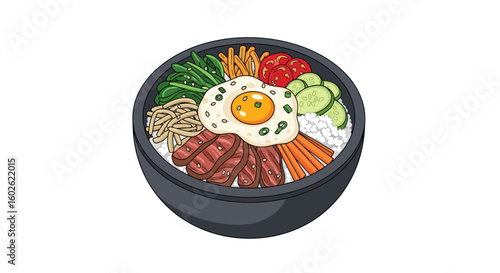 A colorful and appetizing illustration of Korean bibimbap, a healthy meal with rice, beef, egg, and assorted vegetables on a white background.