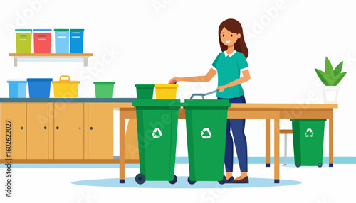 A smiling woman in a flat vector style sorting waste into green recycling bins and colorful containers.