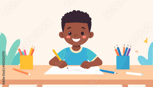 Happy young Black boy with curly hair drawing with a yellow pencil at his desk, smiling.
