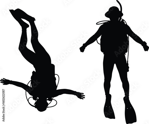 Underwater scuba divers silhouette, exploring ocean depths, diving adventure, black and white marine life scene, snorkel fins, aquatic freedom movement