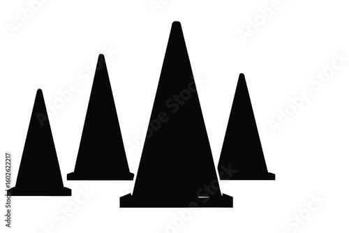 Four black traffic cones silhouetted against a white background