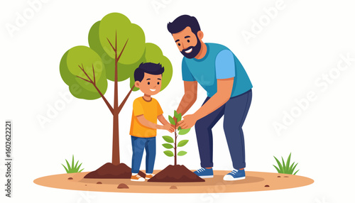 A smiling father and his young son planting a green tree sapling together in a mound of soil, a vector illustration of family bonding and environmental care.