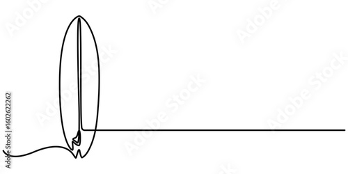 Continuous one line drawing of surfboard, Surfboard standing up in single line draw illustration. Editable stroke. 