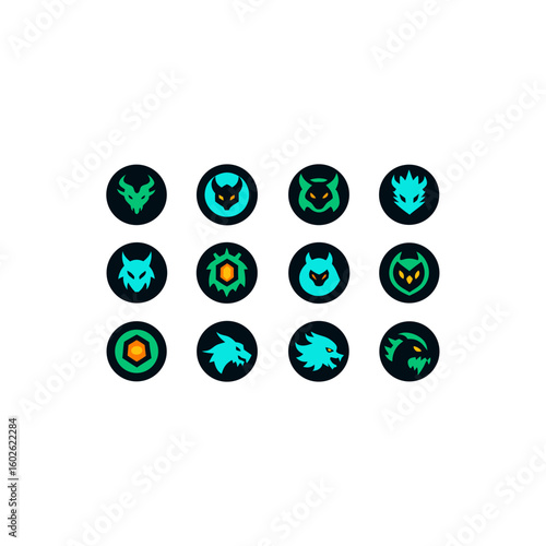  different glowing beast token icons set on whit