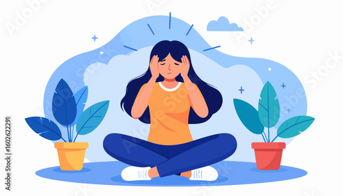 A stressed young woman with long dark hair, sitting cross-legged and holding her head, experiencing anxiety and a headache.