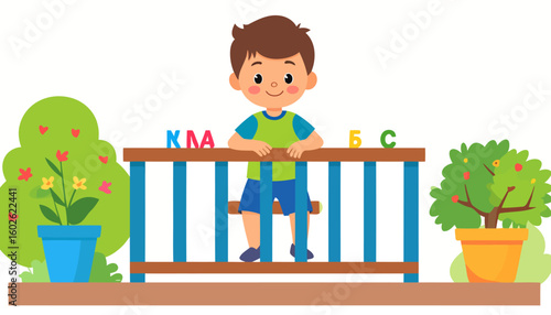 Smiling cartoon boy standing on a balcony with Cyrillic letters, learning the alphabet among potted plants.