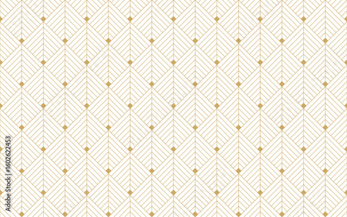 Elegant art deco seamless pattern featuring a subtle golden geometric design with linear and dot accents on a light background. Perfect for refined and classic themes. Vector illustration.