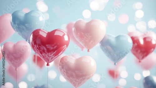 Heart balloon red pink blue romantic love celebration party decoration festive shiny floating bokeh lights joyful atmosphere soft background colorful festive event balloons floating gently