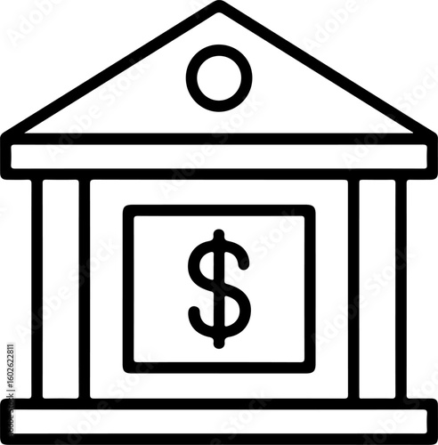 Simple line art icon of a bank building with a dollar sign on the facade