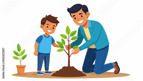 A caring father and his young son happily planting a green sapling together, a flat vector illustration.