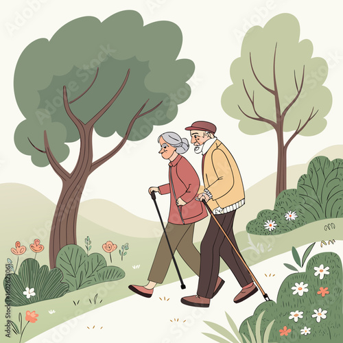 Elderly couple nordic walking in a park with trees and flowers enjoying outdoor activity together happily