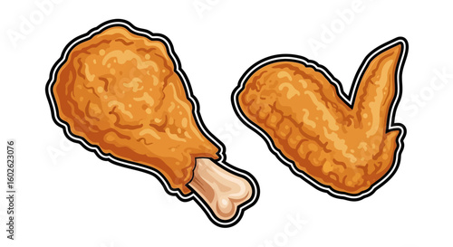 Crispy fried chicken drumstick and wing illustration. A detailed vector graphic of a fast food meal isolated on a white background.