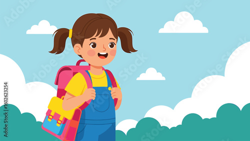Happy schoolgirl walking with backpack under a bright blue sky with clouds, cheerful child going to school illustration