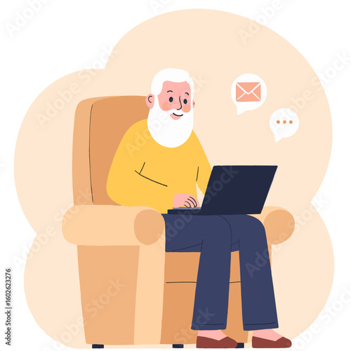 Grandfather checking email. Elderly man using laptop. Senior reading message online. Old man browsing internet. Elderly set