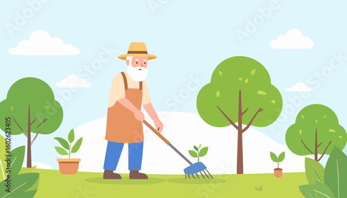 Elderly gardener with a white beard and straw hat tending to a small plant with a rake.