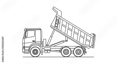 Vector line art illustration of a heavy industrial dump truck. A monochrome drawing representing construction, transport, and logistics.
