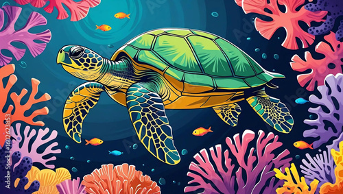 Sea Turtle's Underwater Paradise: A vibrant illustration of a sea turtle gracefully navigating through a colorful coral reef environment, showcasing the beauty of marine life and the underwater world.