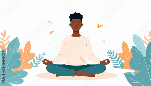 Serene Black man with closed eyes meditating in a lotus pose, wearing casual clothes.