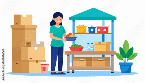 Happy female volunteer organizing food donations at a community charity stall with boxes and fresh produce.