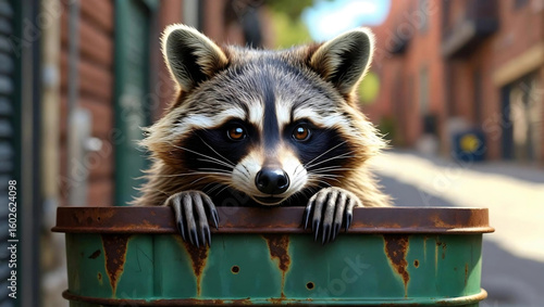 Urban Raccoon in a Barrel: A charming raccoon emerges from a weathered barrel, its mask-like markings and inquisitive gaze highlighting its urban adaptability, capturing a moment.Generative AI