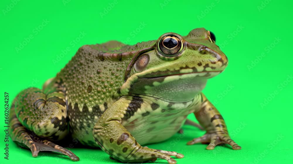 Multiple green frogs sitting on a vibrant green screen background, concept for chroma keying, educational visuals and nature documentaries Multiple green frogs sitting on a vibrant green screen background, concept for chroma keying, educational visuals and nature documentaries