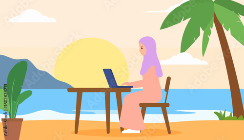 A Muslim woman in a purple hijab and long pink dress sits at a desk, focused on working remotely with her blue laptop.