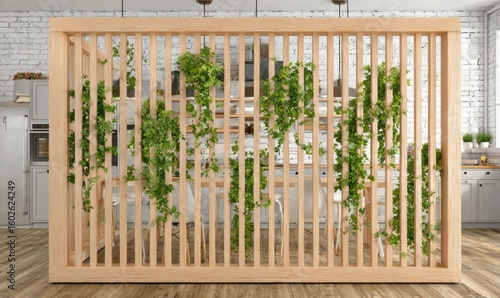 Wooden room divider with climbing plants in a modern kitchen.