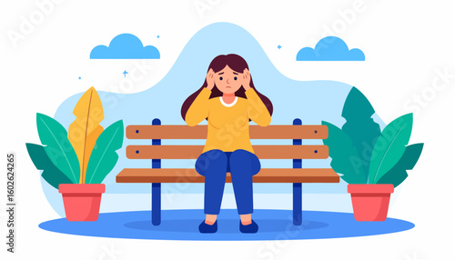 Worried woman in a yellow shirt holding her head in distress. Flat vector illustration of a person experiencing anxiety, stress, or a headache.