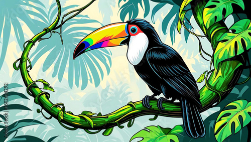 Vibrant Toucan in Lush Jungle: A toucan, perched on a verdant branch, showcases its distinctive, colorful beak against the backdrop of a dense, tropical rainforest. Generative AI