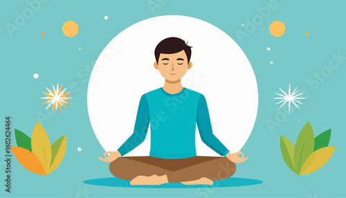 A serene young man with dark hair meditating in a lotus pose, wearing a blue shirt and brown pants, with a calm expression and closed eyes.