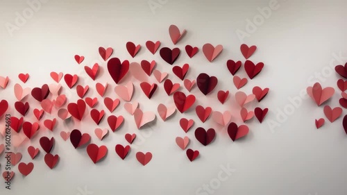 Paper heart decoration with red and pink hearts on white wall creating romantic Valentine background, love symbol, festive design, colorful hearts, and creative paper decoration for celebration