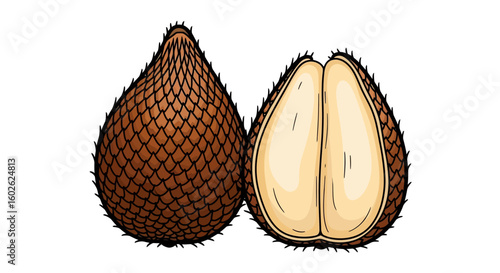 Detailed hand-drawn illustration of a whole and halved salak, also known as snake fruit, showcasing its scaly skin and sweet flesh.
