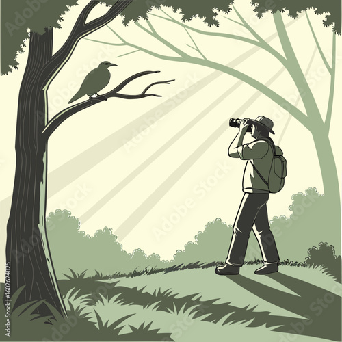 Man photographs a bird perched on a branch in a sunlit forest with lush foliage and tall trees around