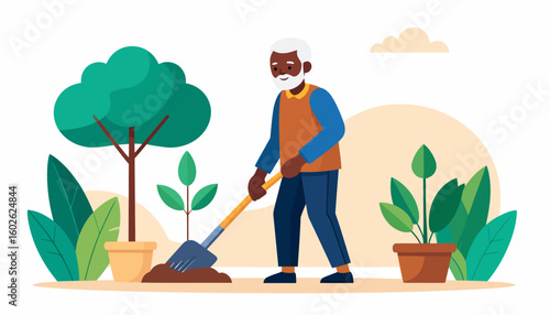 Elderly Black man with a white beard and orange vest gardening with a shovel.