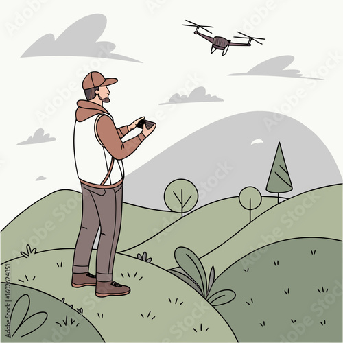 A man flying a drone in a scenic landscape with rolling hills and scattered clouds in the sky outdoors