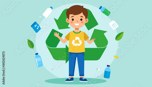 Happy cartoon boy with open arms promoting recycling, surrounded by a green symbol and plastic items.