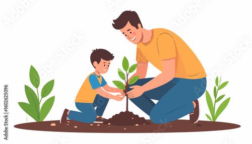 A smiling father and his young son kneeling together, carefully planting a new green sapling in the soil.